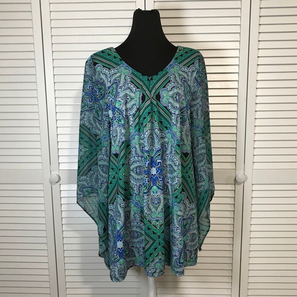 Roz & Ali Boho Paisley Sheer Butterfly Sleeves Flowy Tunic Blouse Women 2X